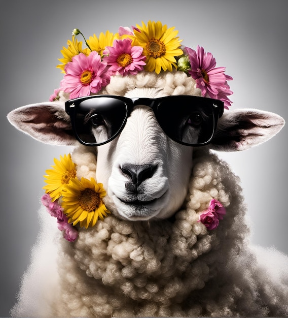 Hermoso y fresco retrato de oveja con gafas de sol y flores en la cabeza