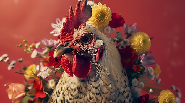 Un hermoso gallo con peine y plumas de color rojo vibrante rodeado de una exuberante corona de flores de colores