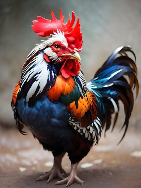 Hermoso gallo con plumas de colores brillantes y una cresta roja vibrante