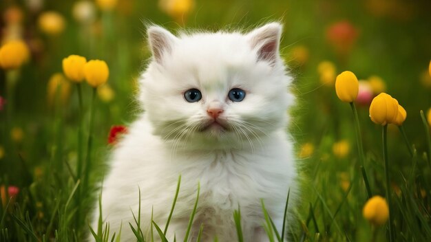 Hermoso gatito blanco de pelo largo y lindo con hermosos ojos azules