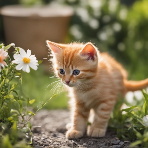 Un hermoso gatito naranja en el jardín