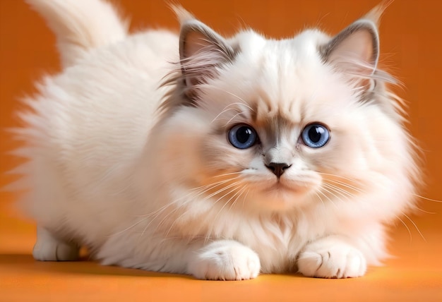 Un hermoso gatito Ragdoll de pura raza se sienta sobre un fondo naranja