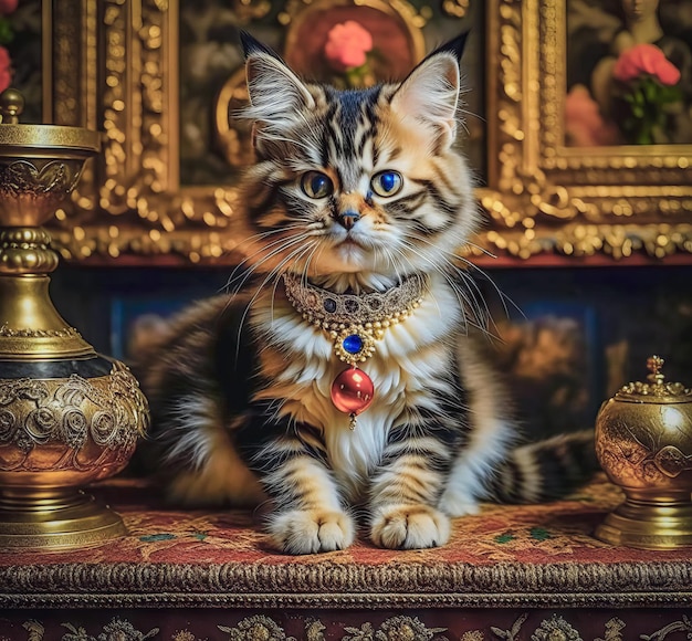 Un hermoso gatito de raza pura en un antiguo interior real ricamente decorado