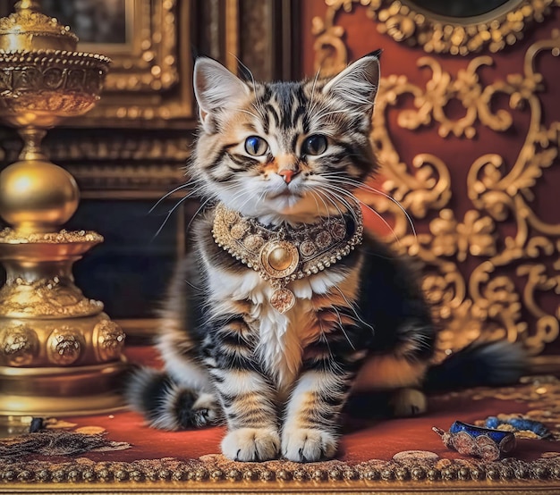 Un hermoso gatito de raza pura en un antiguo interior real ricamente decorado