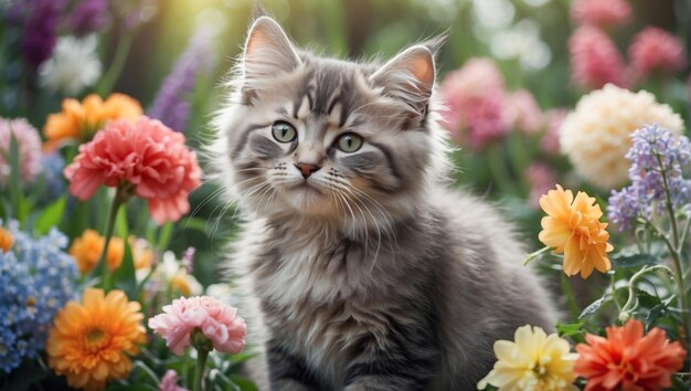 hermoso gatito rodeado de flores frescas al aire libre