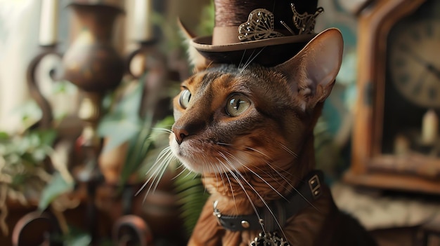 Un hermoso gato abisinio con un sombrero y collar steampunk mira hacia el lado El gato está sentado en una habitación débilmente iluminada con un fondo borroso