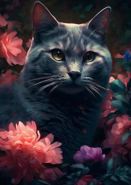 Un hermoso gato adorable rodeado de fondo floral generativo ai