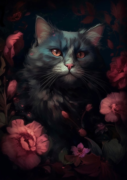 Un hermoso gato adorable rodeado de fondo floral generativo ai