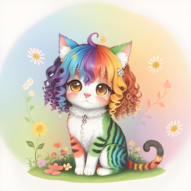 un hermoso gato arcoiris con ilustración de libro de cuentos de pelo rizado