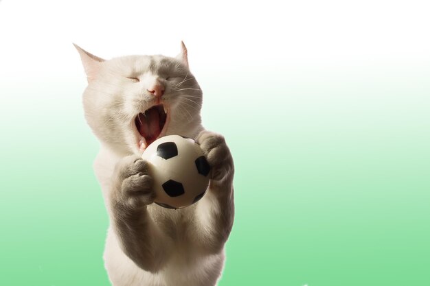 Un hermoso gato blanco adulto juega la Copa del Mundo con una pelota de juguete que lanza y atrapa
