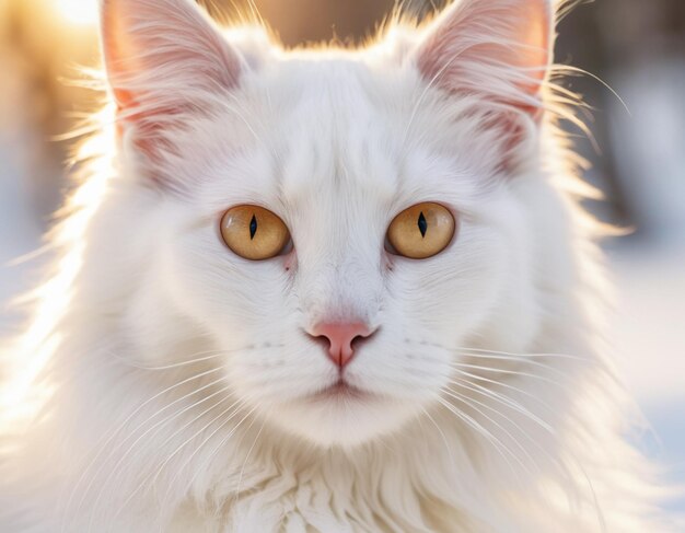 hermoso gato blanco en el campo frente a la cámara