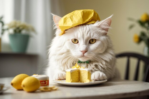 Foto un hermoso gato blanco en una gorra de papel amarillo se sienta en una mesa blanca con un pastel de gato enlatado y lamia h