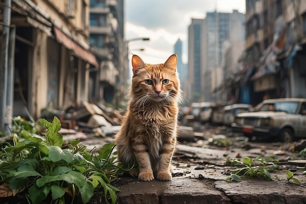 Hermoso gato en la calle verde de la ciudad