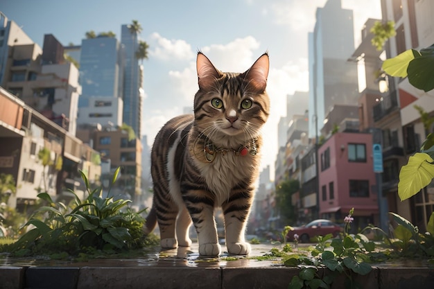 Hermoso gato en la calle verde de la ciudad