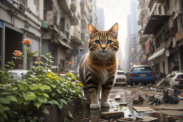 Hermoso gato en la calle verde de la ciudad