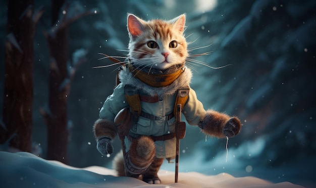 Hermoso gato con una chaqueta abrigada y mitones en el bosque Hermoso felino en la naturaleza en invierno IA generativa