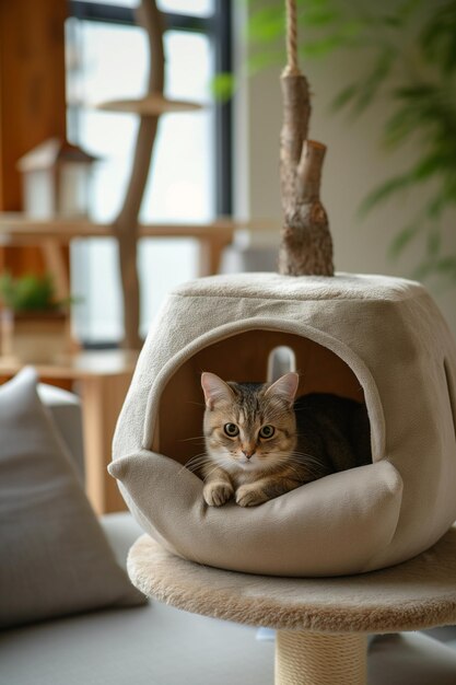 Hermoso gato descansando en un hogar de mascotas suave y creativo Concepto de seguridad y cuidado