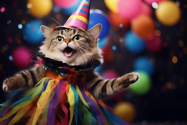 Foto un hermoso gato con un disfraz de fiesta con un fondo de globos de colores