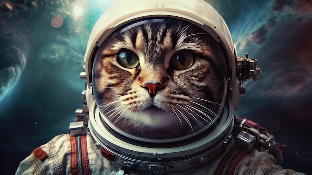 Un hermoso gato disfrazado de astronauta en el espacio contra el fondo del planeta mirando la cámara generó IA