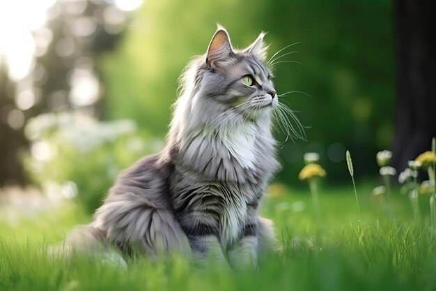 Un hermoso gato esponjoso camina por un sendero en la hierba