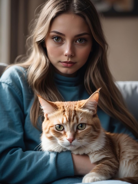Un hermoso gato está sentado en el regazo de una chica