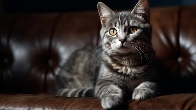 Hermoso gato gris acostado en una silla blanda Gato doméstico de pelo largo en un sofá IA generativa