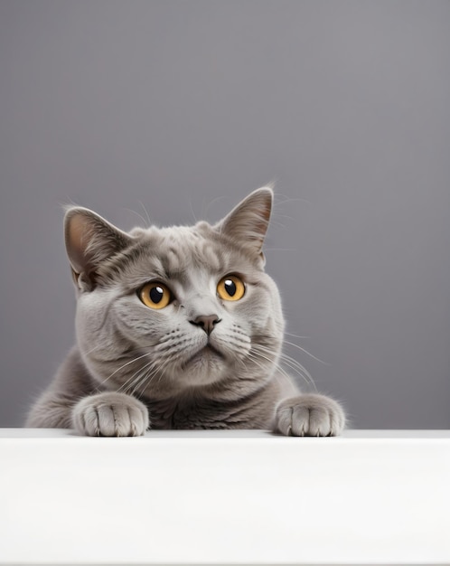 hermoso gato gris echando un vistazo desde detrás de una mesa blanca
