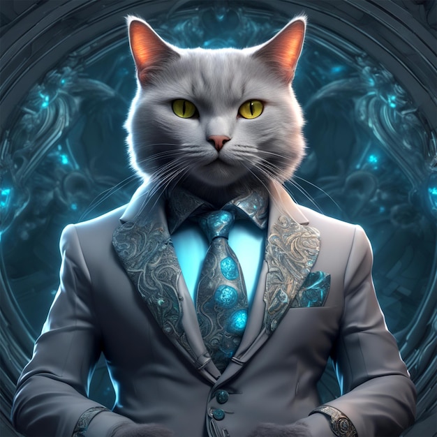 un hermoso gato gris con un traje a medida hecho a mano efecto cinemático pintura hiperdetallada de 8k