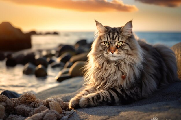 Hermoso gato Maine Coon en la orilla del mar al atardecer