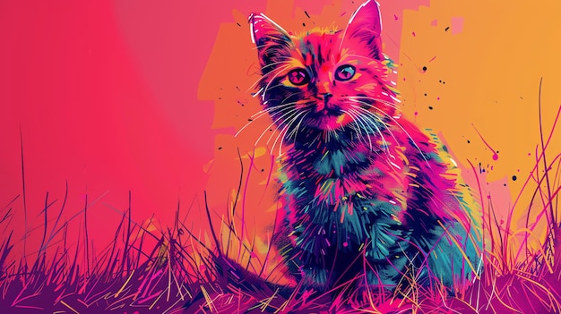 Un hermoso gato con pelaje brillante sentado en un campo de hierba El gato está mirando a la cámara con sus grandes ojos redondos