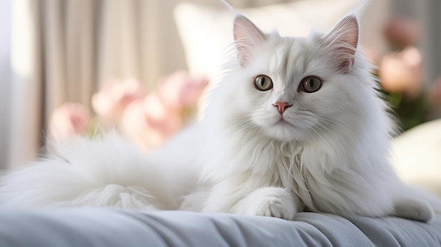 Un hermoso gato peludo blanco yace en la cama azul claro en casa