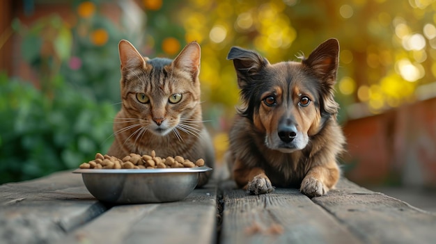 Foto un hermoso gato y un perro están sentados cerca de un cuenco de comida en una terraza de madera