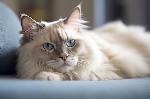 Hermoso gato Ragdoll tirado en el sofá