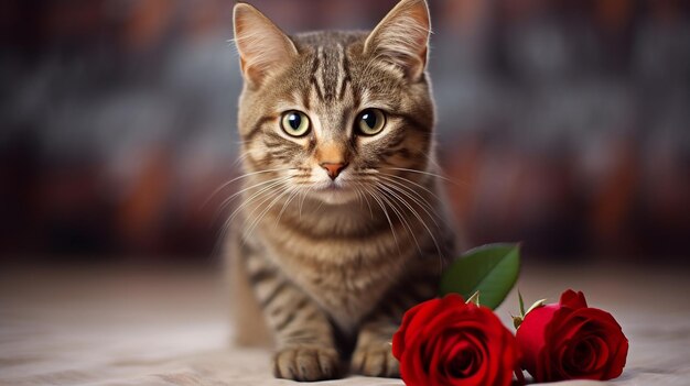 Foto hermoso gato con rosa roja impresionante retrato felino con flor