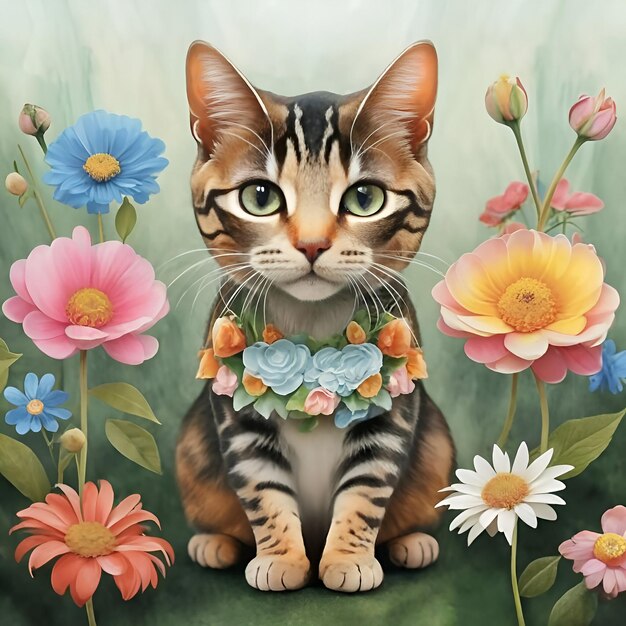 Foto hermoso gato sentado con flores en el jardín