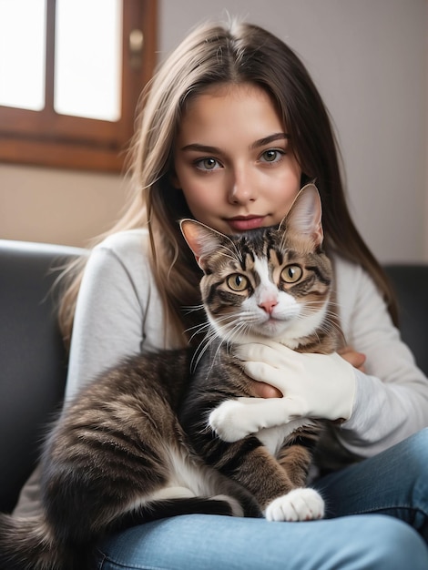 Foto un hermoso gato está sentado en el regazo de una chica