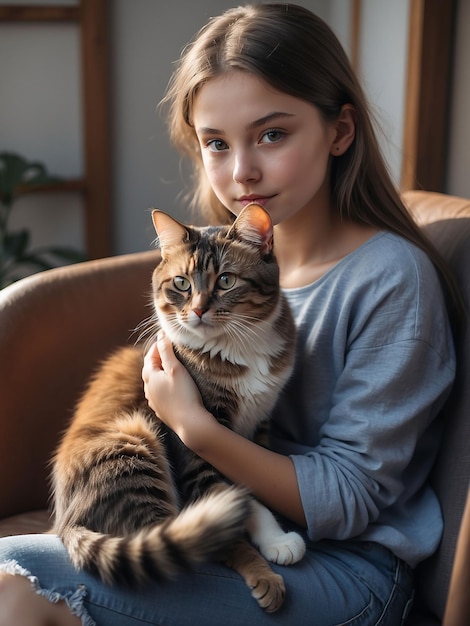 Foto un hermoso gato está sentado en el regazo de una chica