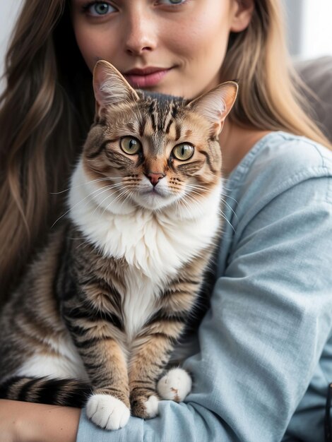 Foto un hermoso gato está sentado en el regazo de una chica