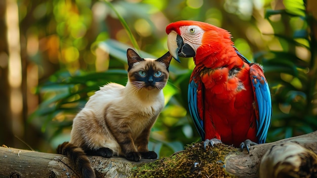 Foto un hermoso gato siamés y un colorido loro macaw están sentados en una rama de un árbol en la jungla