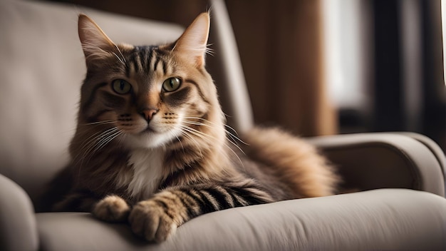 hermoso gato siberiano relajarse en el sofá en la sala de estar en casa