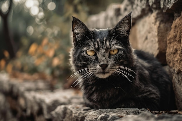 Un hermoso gato se sienta en una pared y mira a la cámara IA generativa