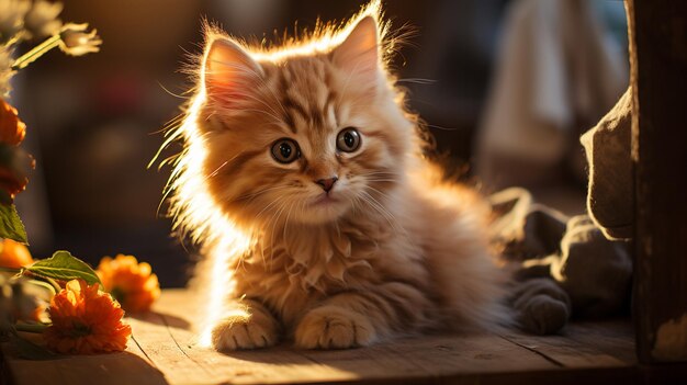 hermoso gato con velas sobre una mesa de madera