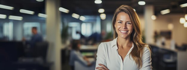 Hermoso gerente en fondo de oficina borroso con espacio de copia IA generativa