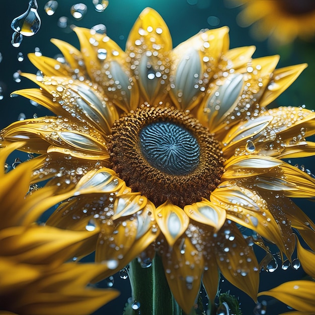 Hermoso girasol conjunto partículas ligeras gotas de agua