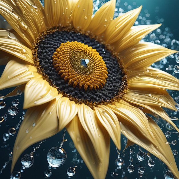 Hermoso girasol conjunto partículas ligeras gotas de agua