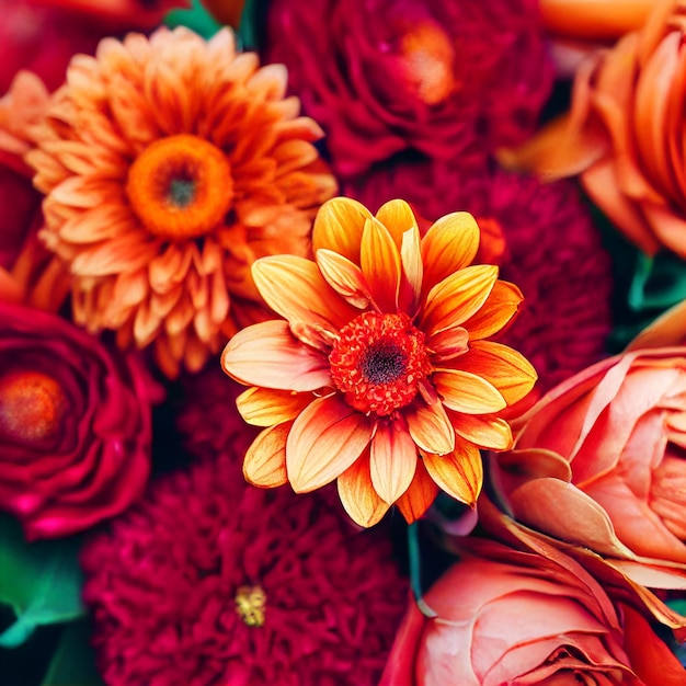 Hermoso girasol con flor de primavera mixta aislado en fondo rojo.