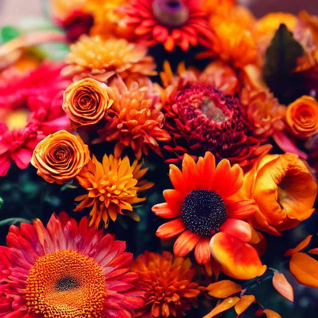 Hermoso girasol con flor de primavera mixta aislado en fondo rojo.