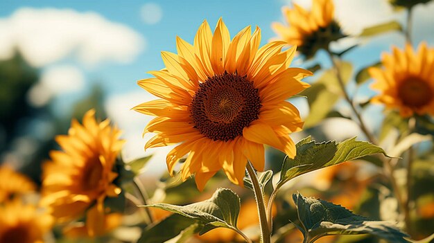 Un hermoso girasol con hojas verdes con efecto de luz solar detrás de la flor con cielo azul