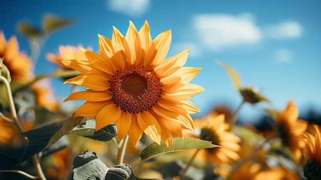 Un hermoso girasol con hojas verdes con efecto de luz solar detrás de la flor con cielo azul