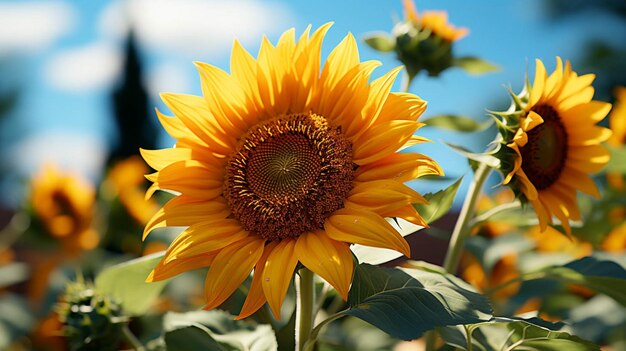 Un hermoso girasol con hojas verdes con efecto de luz solar detrás de la flor con cielo azul